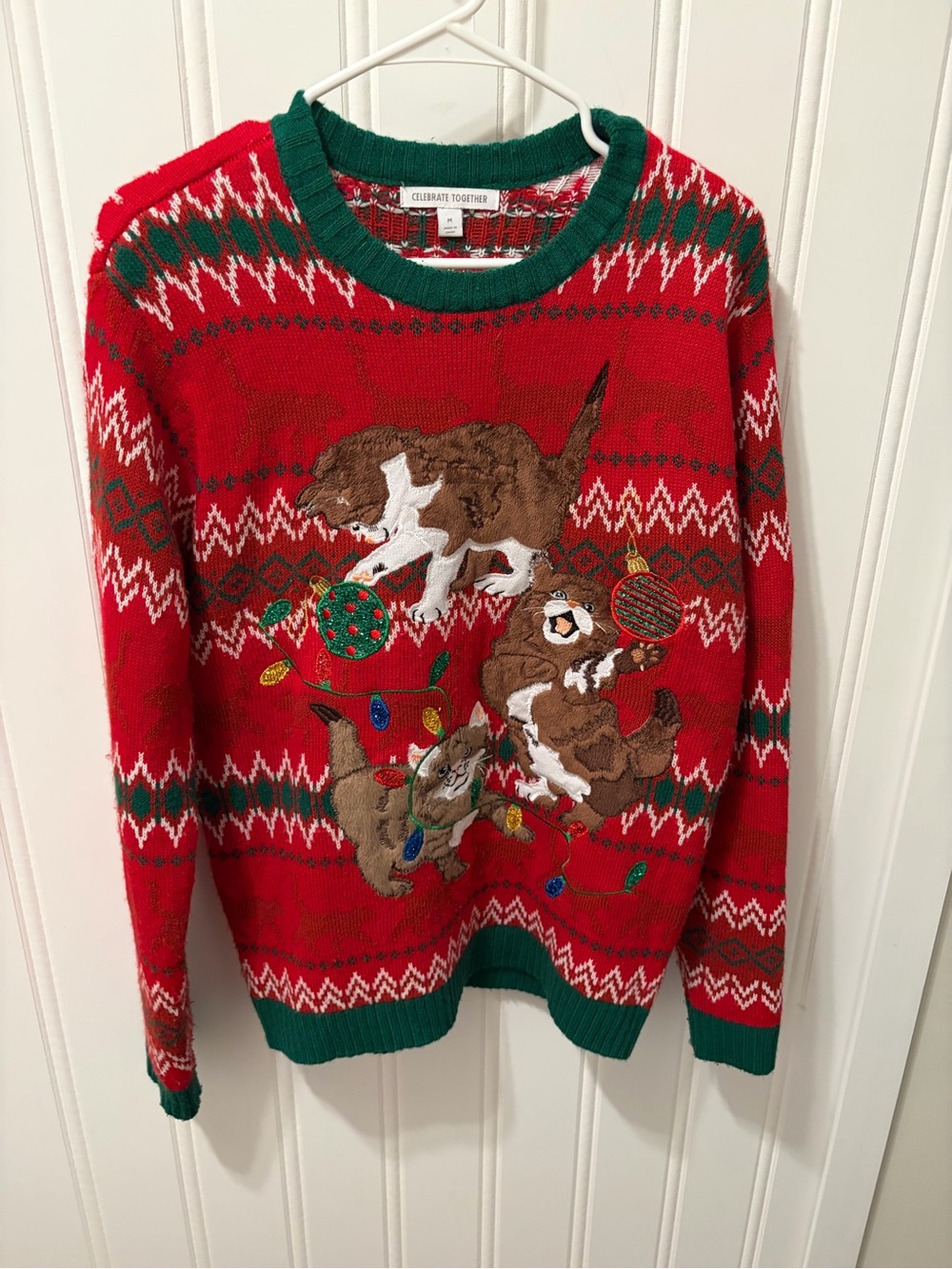 Celebrate Together Women's Ugly Christmas Sweater Cats String Lights Red Medium